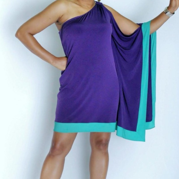 Vintage Cache One-Shoulder Stretch Dress in Purple & Teal Gold Buckle Size XS - Picture 7 of 7